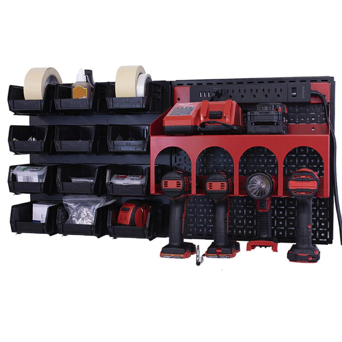OmniWall PowerStation, Red Accessories on Black Pegboard | CGS-KIT-PST-BLK-RED