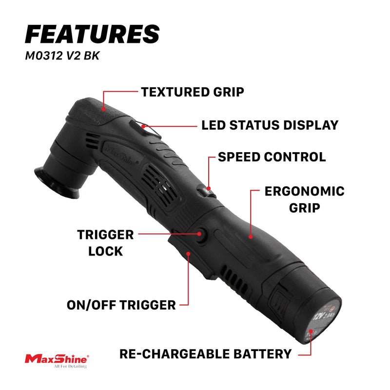 MaxShine Mini Cordless Dual Action Polisher M0312 V2 Features, Black