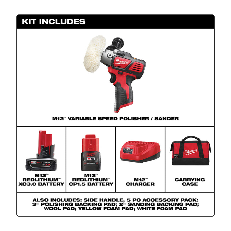 Milwaukee M12 Variable Speed Polisher Sander Kit Delivery Contents