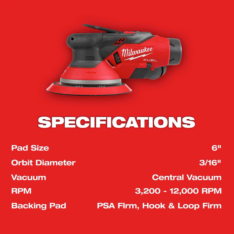 Milwaukee M12 FUEL 6" Random Orbital Sander Kit 3/16" Specifications