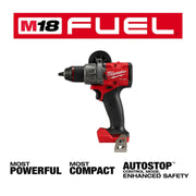 Milwaukee M18 FUEL drill with branding and feature text on a white background