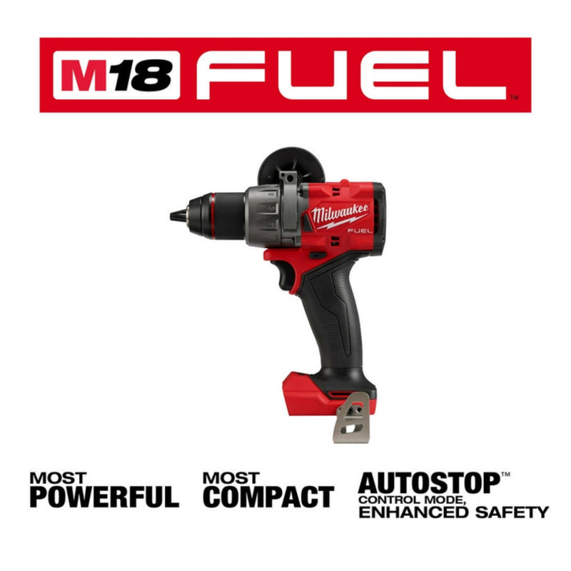 Milwaukee M18 FUEL drill with branding and feature text on a white background