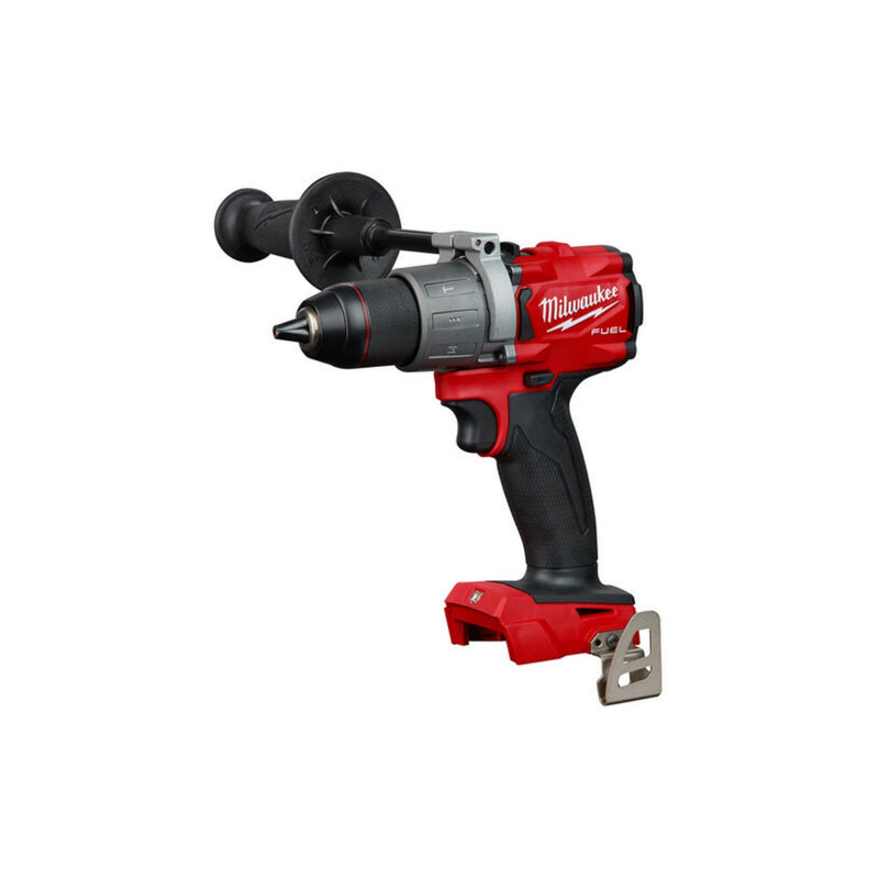 Red and black Milwaukee power drill on a white background