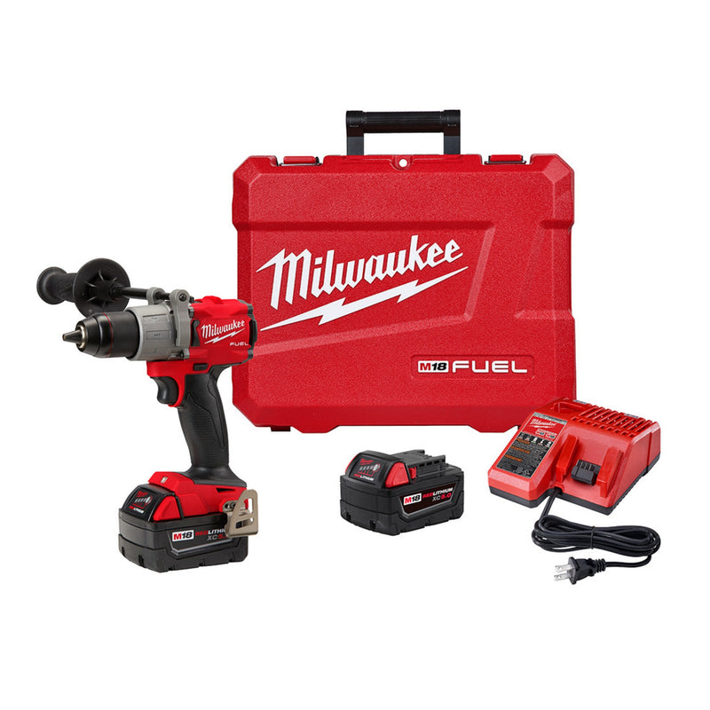 Milwaukee power drill set with red case, battery, and charger on a white background