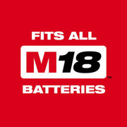 Red background with 'FITS ALL M18 BATTERIES' text and logo.