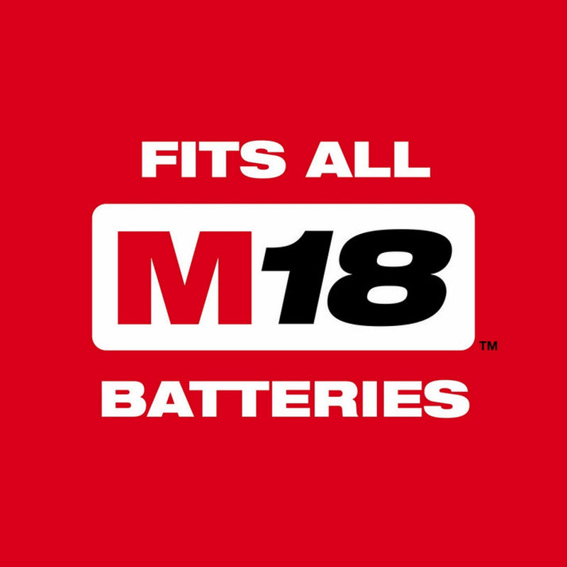 Red background with 'FITS ALL M18 BATTERIES' text and logo.