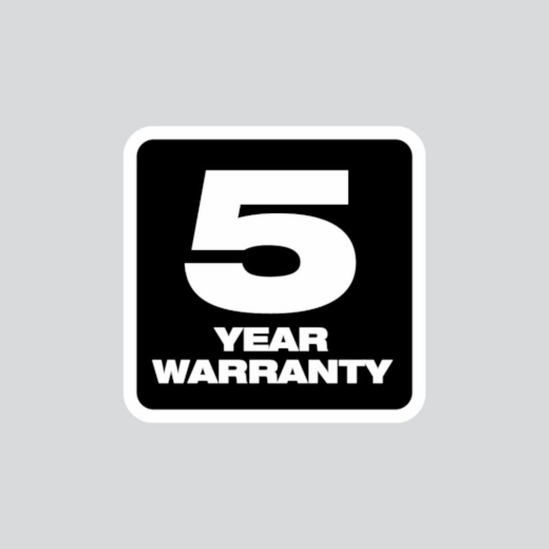 5 year warranty logo on a gray background