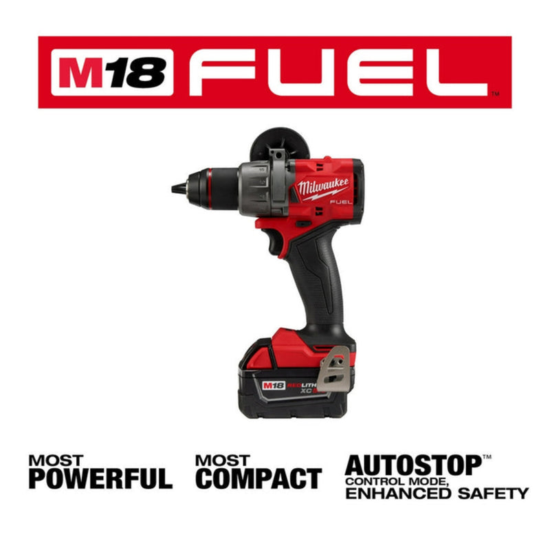 Milwaukee M18 FUEL drill with branding and feature text on a white background