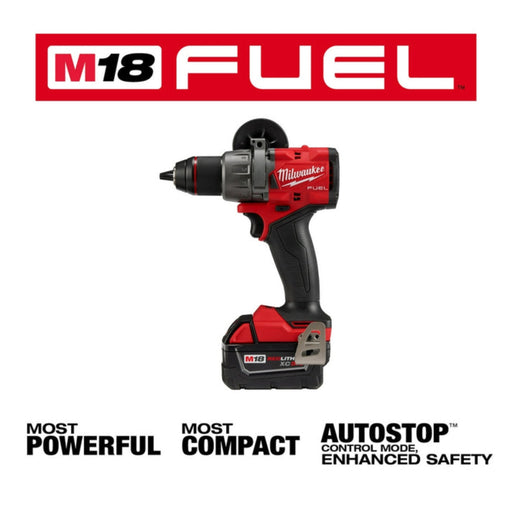 Milwaukee M18 FUEL drill with branding and feature text on a white background