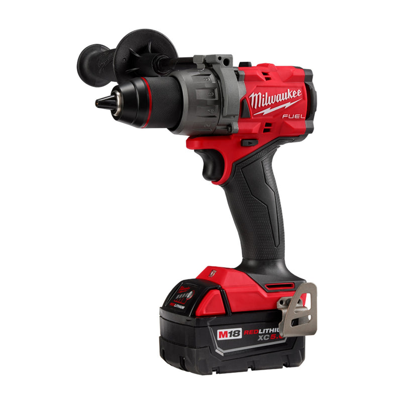 Red and black Milwaukee power drill on a white background