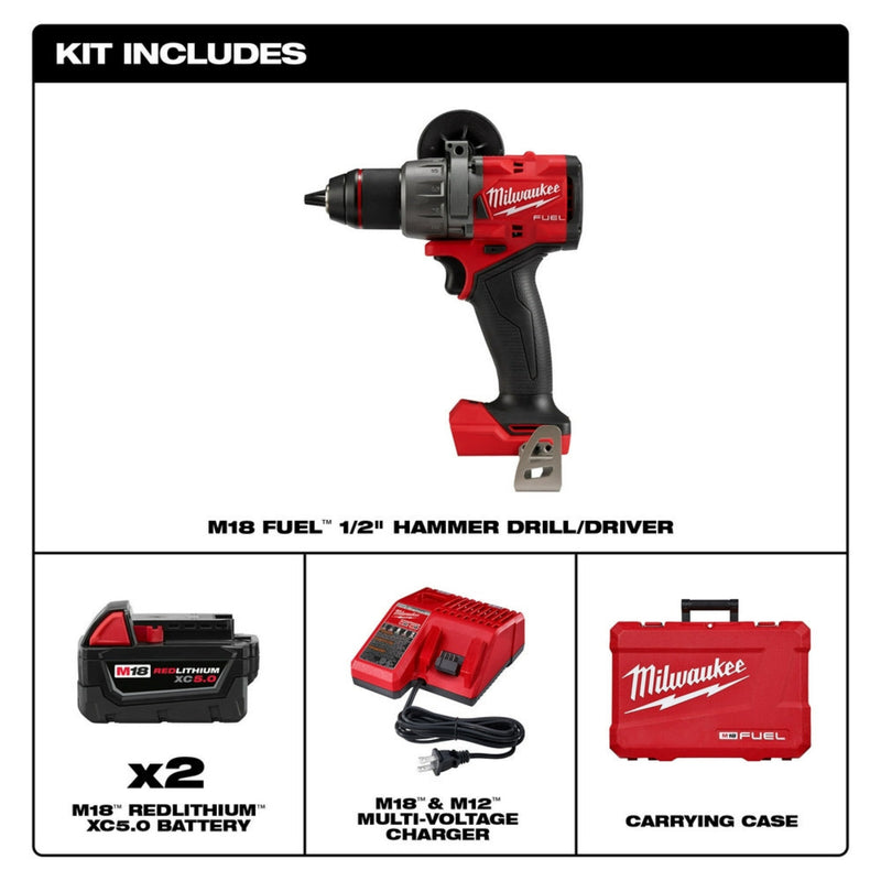 Milwaukee M18 Fuel 1/2" Hammer Drill/Driver kit with battery, charger, and carrying case on a white background.