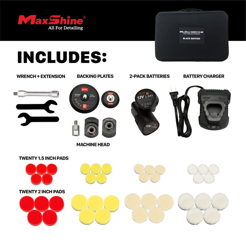 MaxShine Black Edition Mini Cordless Dual Action Polisher M0312 V2 Delivery Contents