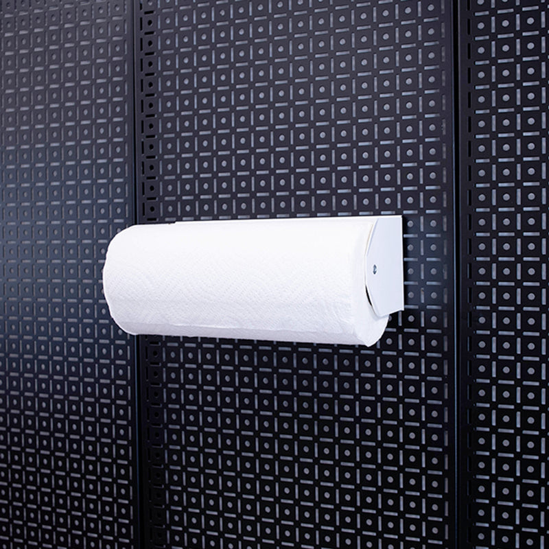 OminWall White Magnetic Paper Towel Holder on Black Pegboard