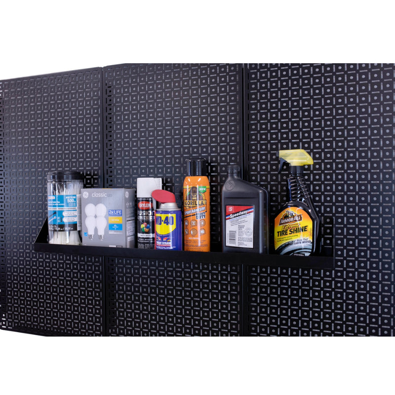 OmniWall Black Impact Shelf, 4"x32" on Black Pegboards