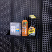 OmniWall Black Impact Shelf, 6"x16" on a Black Pegboard