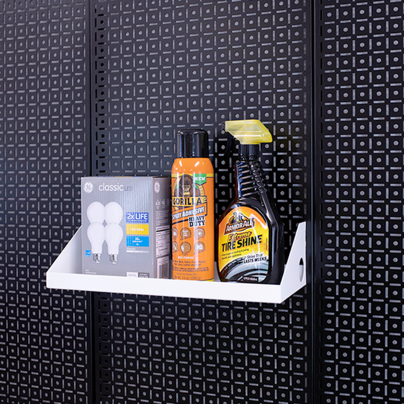 OmniWall White Impact Shelf, 6"x16" on a Black Pegboard