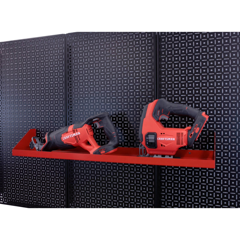 OmniWall Red Impact Shelf, 6"x32" on a Black Pegboard