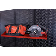 OmniWall Red Impact Shelf, 8"x32" on a Black Pegboard