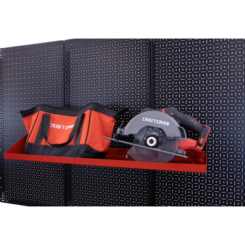 OmniWall Red Impact Shelf, 8"x32" on a Black Pegboard