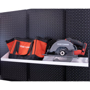 OmniWall White Impact Shelf, 8"x32" on a Black Pegboard