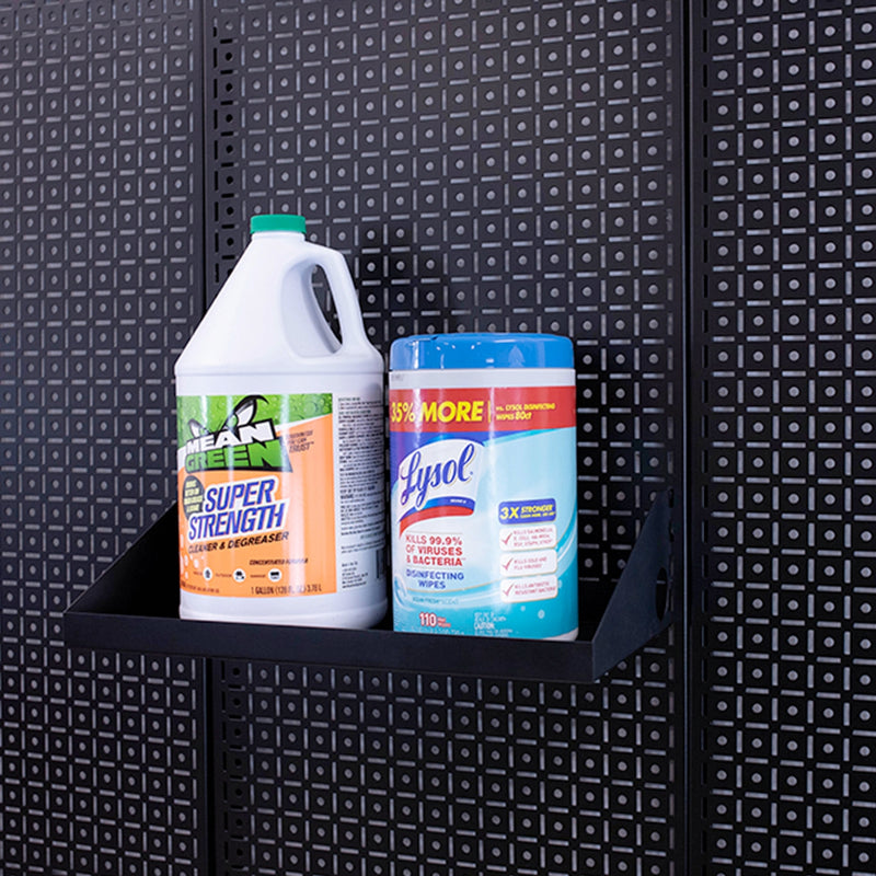 OmniWall Black Impact Shelf, 8"x16" on a Black Pegboard