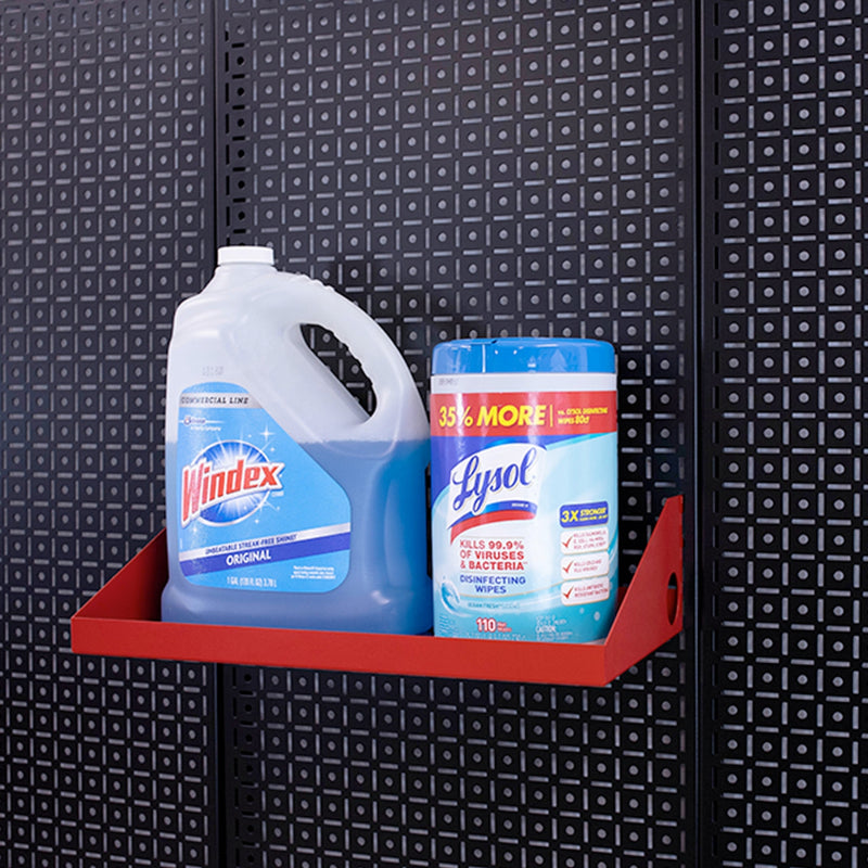 OmniWall Red Impact Shelf, 8"x16" on a Black Pegboard