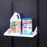 OmniWall White Impact Shelf, 8"x16" on a Black Pegboard