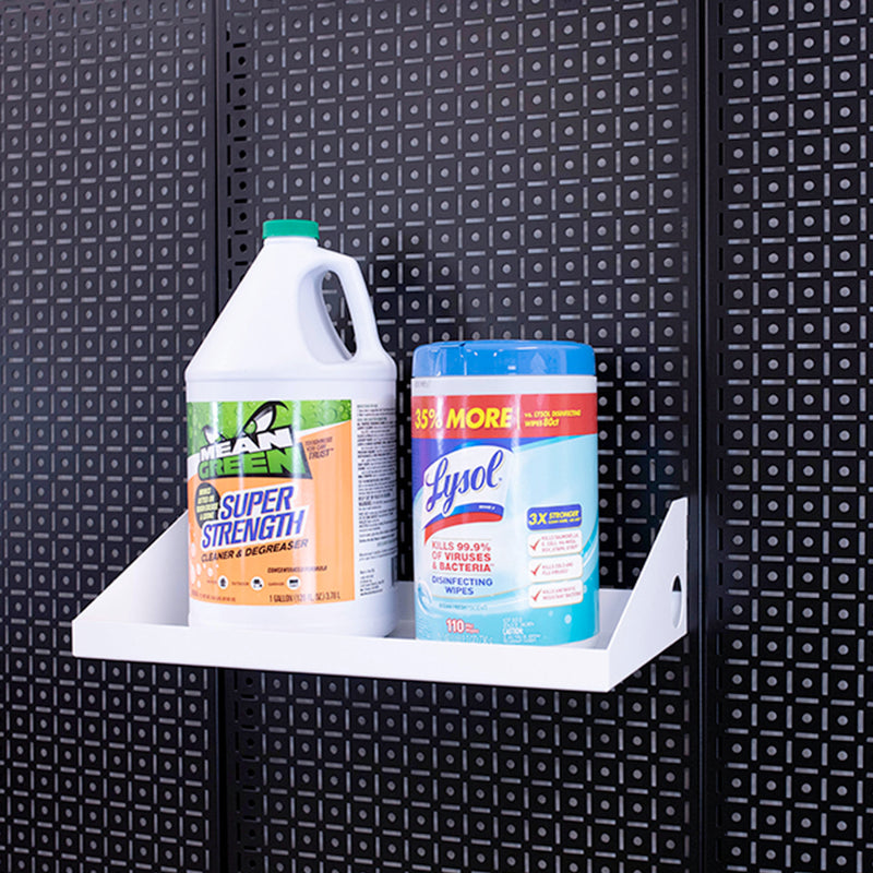 OmniWall White Impact Shelf, 8"x16" on a Black Pegboard