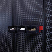 OmniWall Red Belt Clip & Black Bin Organizer on Black Pegboard