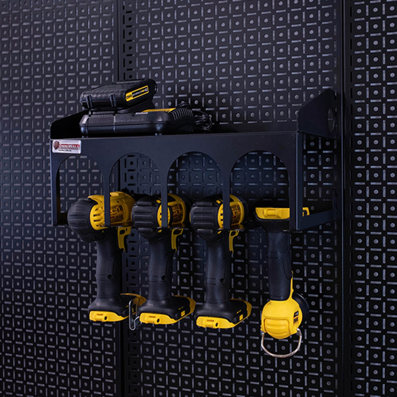 OmniWall Black Multiple Drill/Impact Shelf on Black Pegboard