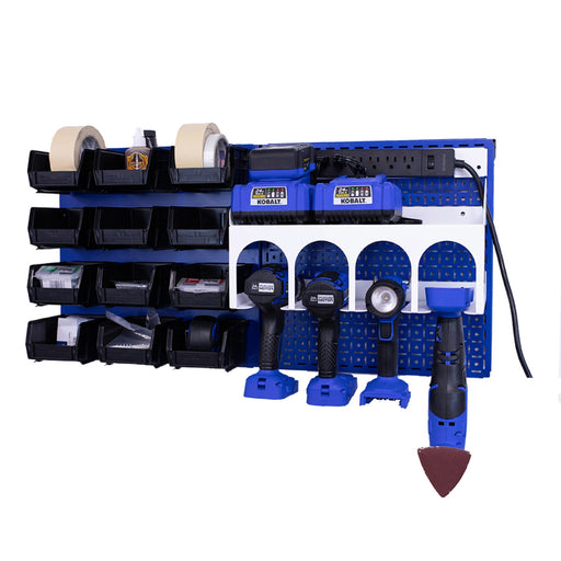 OmniWall PowerStation, White Accessories on Blue Pegboard | CGS-KIT-PST-BLU-WHT