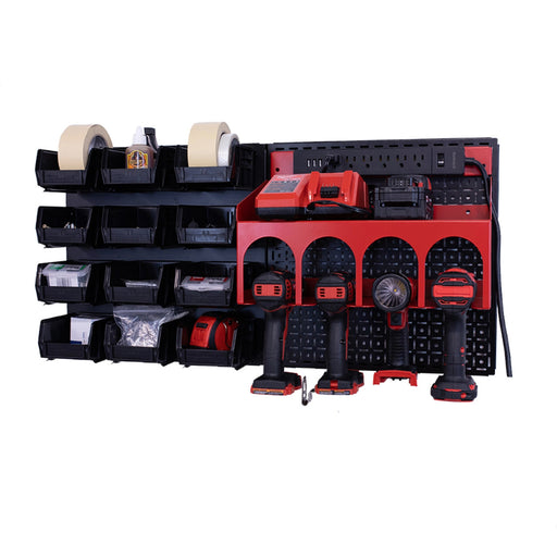 OmniWall PowerStation, Red Accessories on Black Pegboard | CGS-KIT-PST-BLK-RED