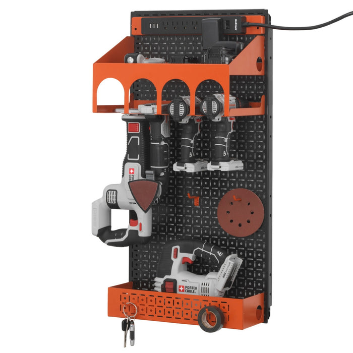 OmniWall Power Tool Kit, Orange Accessories on Black Pegboard | CGS-KIT-PWR-BLK-ORG