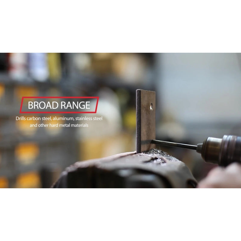 A close-up action shot of a drill press drilling a metal bracket, with a blurred workshop background and text overlay reading 'BROAD RANGE' and 'Drill carbon steel, aluminium, stainless steel and other hard metal materials.'.