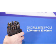 A hand holds a black plastic holder filled with 25 drill bits ranging from 1.00mm to 13mm