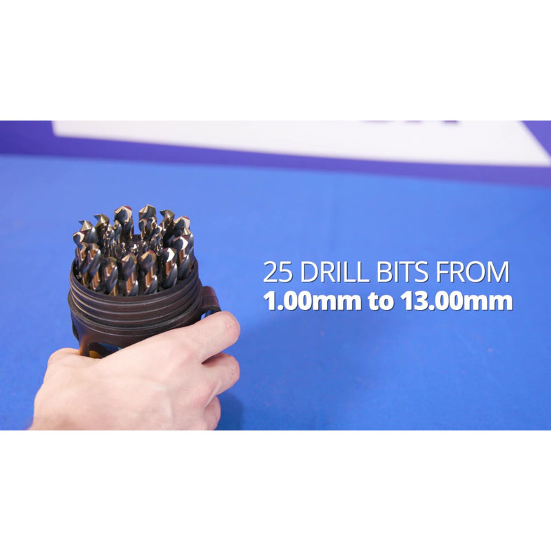 A hand holds a black plastic holder filled with 25 drill bits ranging from 1.00mm to 13mm