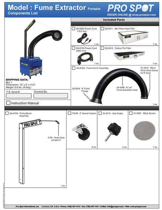 Pro Spot Fume Extractor Components List